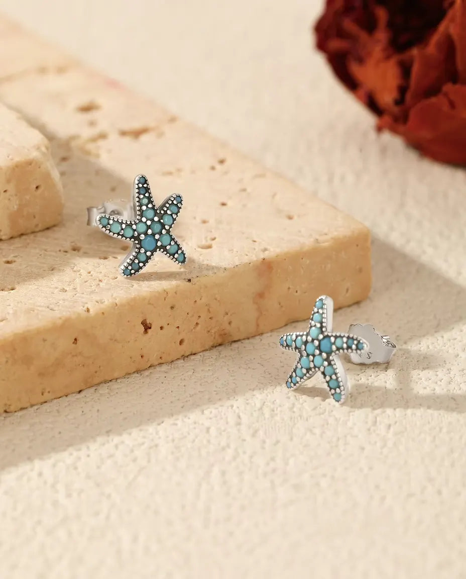 Puces Étoile de Mer Turquoise pour Femme - 10 mm, argent 925 patiné et pavage de pierres bleu turquoise