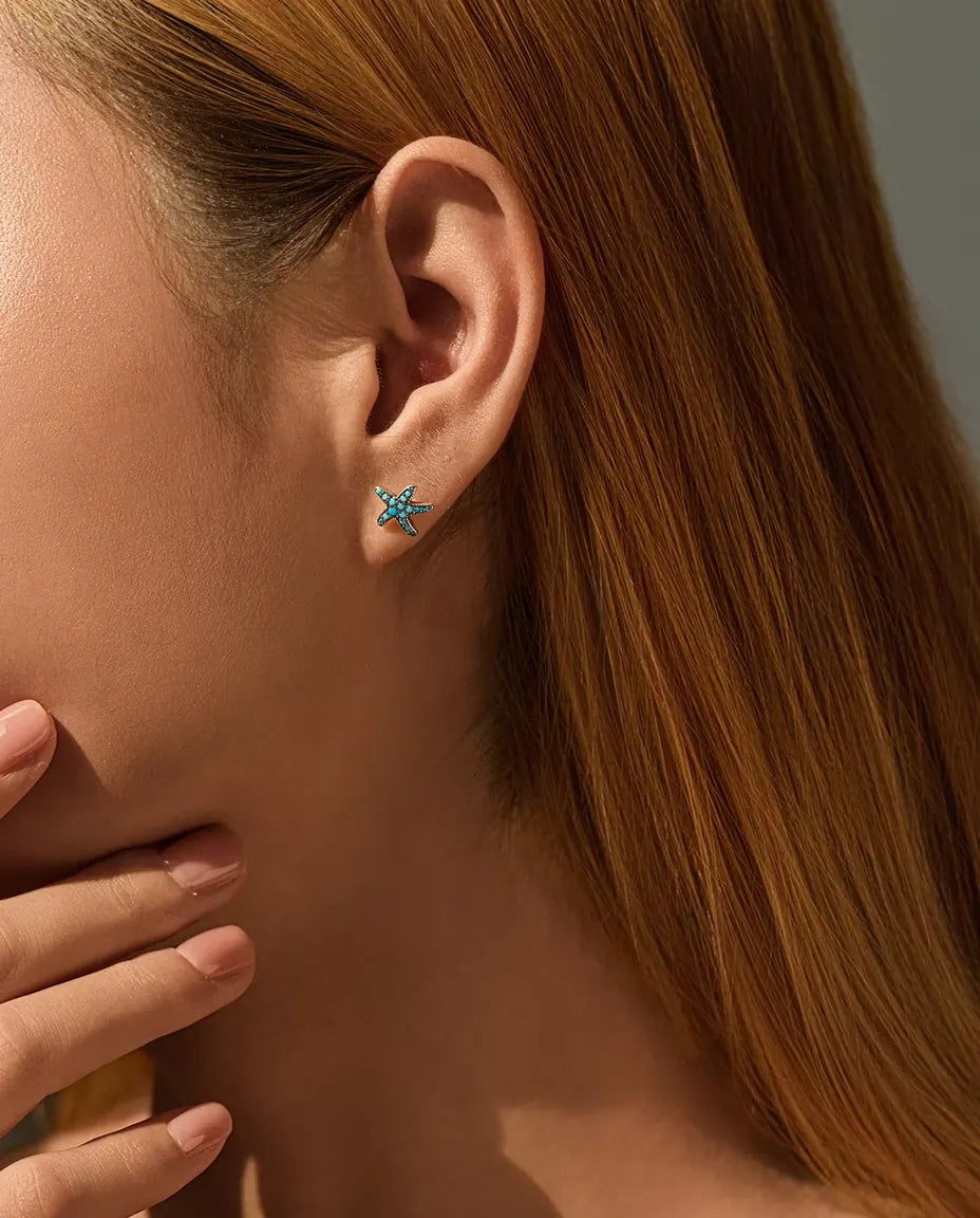 Puces Étoile de Mer Turquoise pour Femme - 10 mm, argent 925 patiné et pavage de pierres bleu turquoise