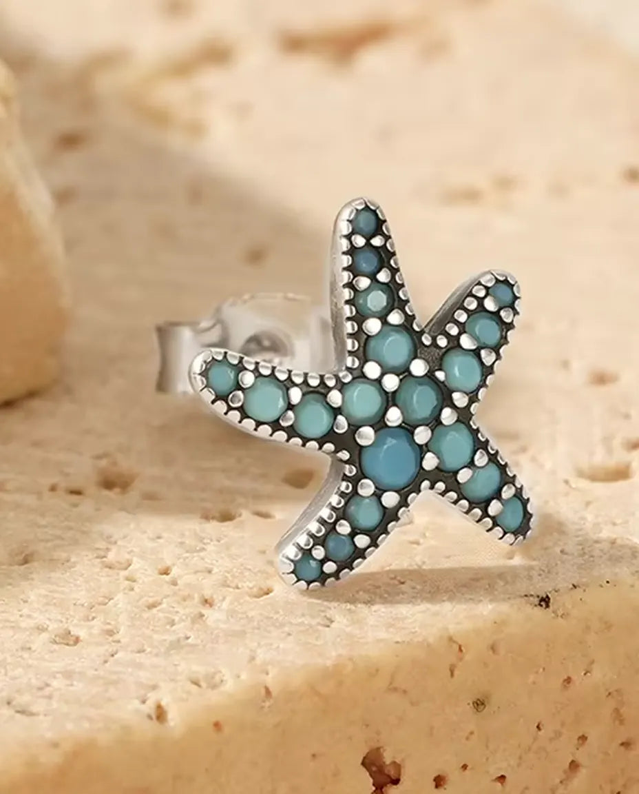 Puces Étoile de Mer Turquoise pour Femme - 10 mm, argent 925 patiné et pavage de pierres bleu turquoise