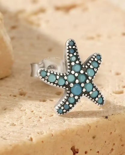 Puces Étoile de Mer Turquoise pour Femme - 10 mm, argent 925 patiné et pavage de pierres bleu turquoise