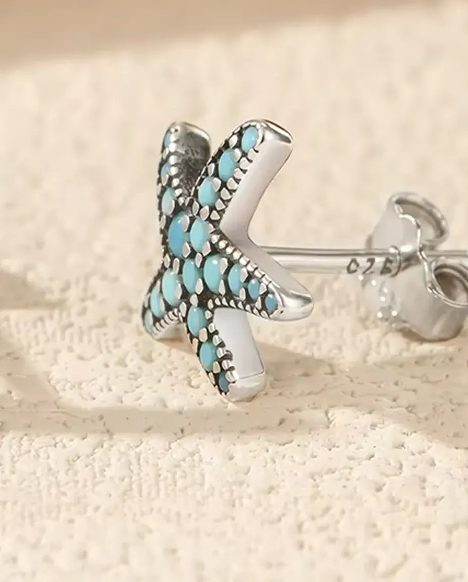 Puces Étoile de Mer Turquoise pour Femme - 10 mm, argent 925 patiné et pavage de pierres bleu turquoise