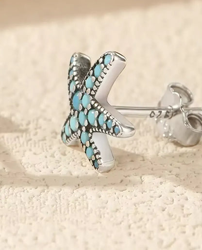 Puces Étoile de Mer Turquoise pour Femme - 10 mm, argent 925 patiné et pavage de pierres bleu turquoise