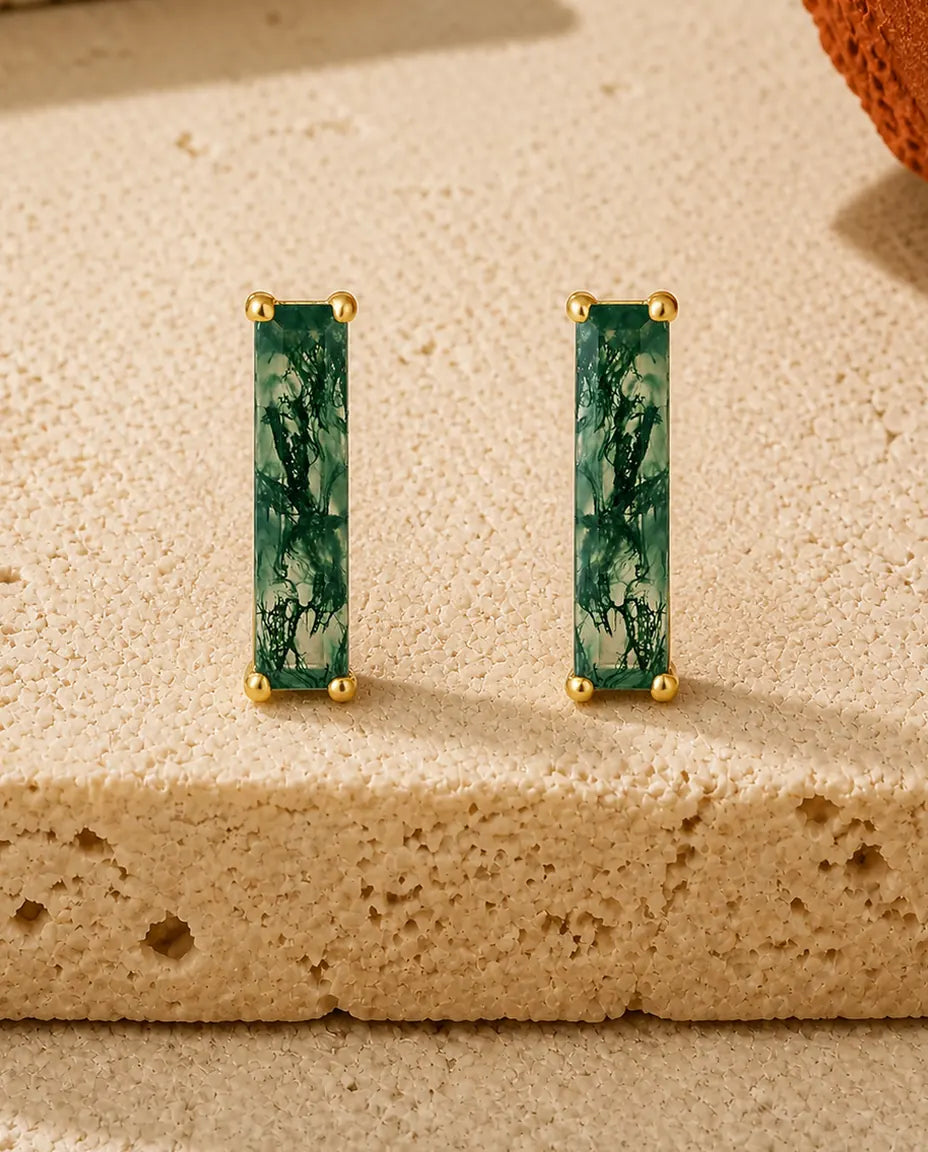 Puces d'oreilles agate mousse - Longue barre baguette en agate mousse, argent 925 plaqué or 10 carats, cadeau pour elle