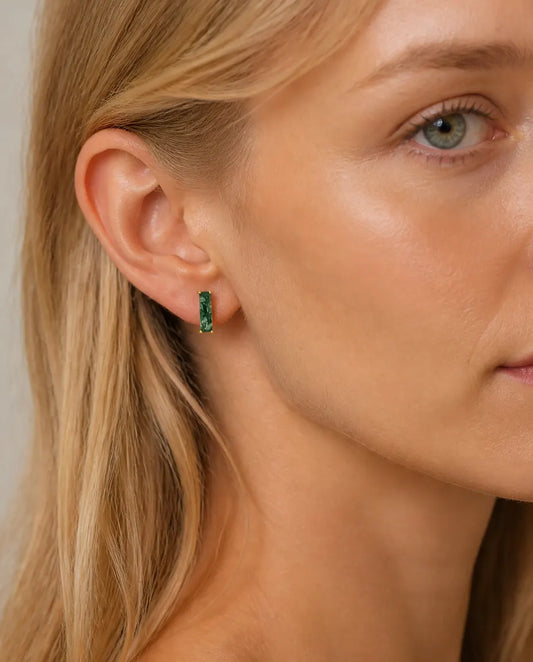 Puces d'oreilles agate mousse - Longue barre baguette en agate mousse, argent 925 plaqué or 10 carats, cadeau pour elle
