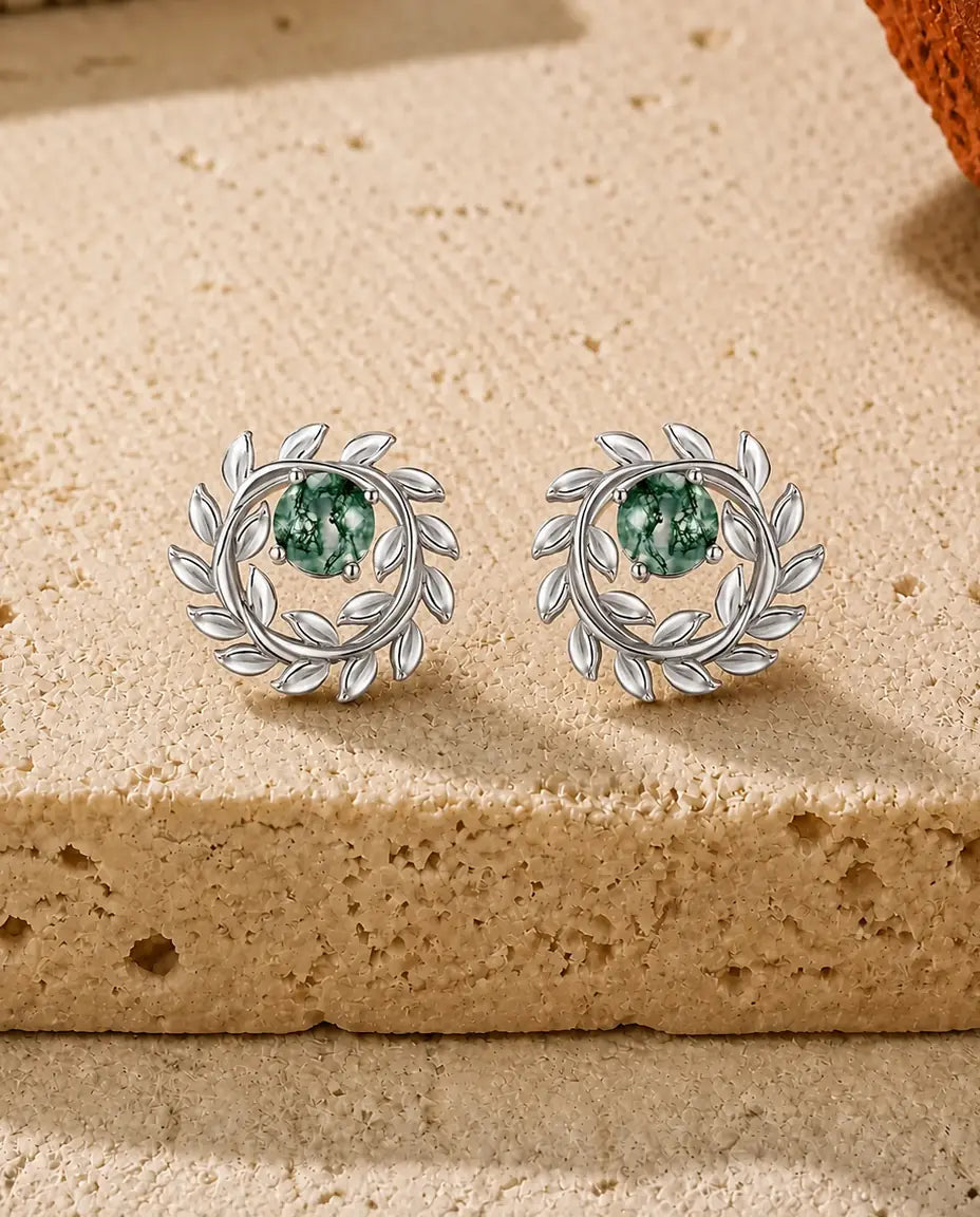 Puces d'oreilles agate mousse - Agate mousse ronde dans une couronne de laurier en argent, argent 925, cadeau pour elle