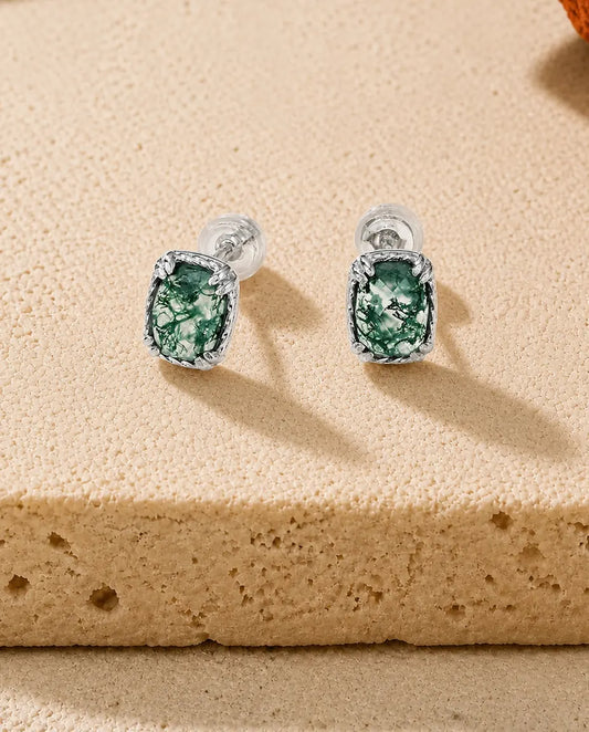Boucles d'oreilles agate mousse - Taille coussin dans un serti torsadé, argent 925, fermoir à vis, cadeau pour elle
