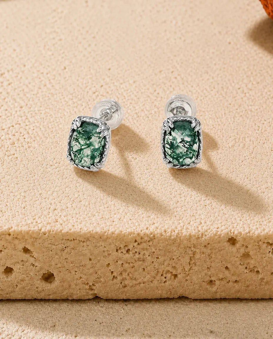 Boucles d'oreilles agate mousse - Taille coussin dans un serti torsadé, argent 925, fermoir à vis, cadeau pour elle