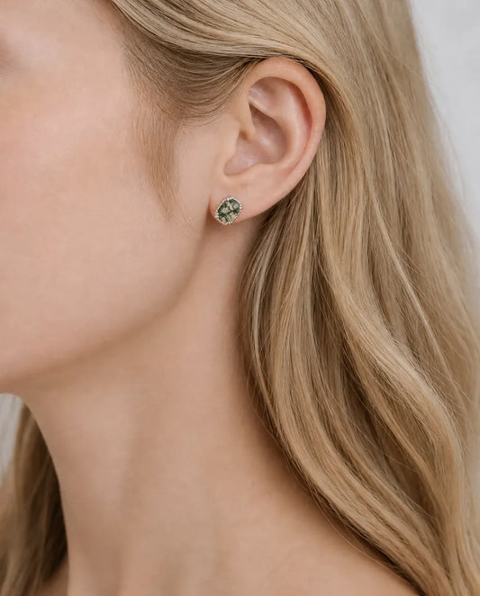 Boucles d'oreilles agate mousse - Taille coussin dans un serti torsadé, argent 925, fermoir à vis, cadeau pour elle