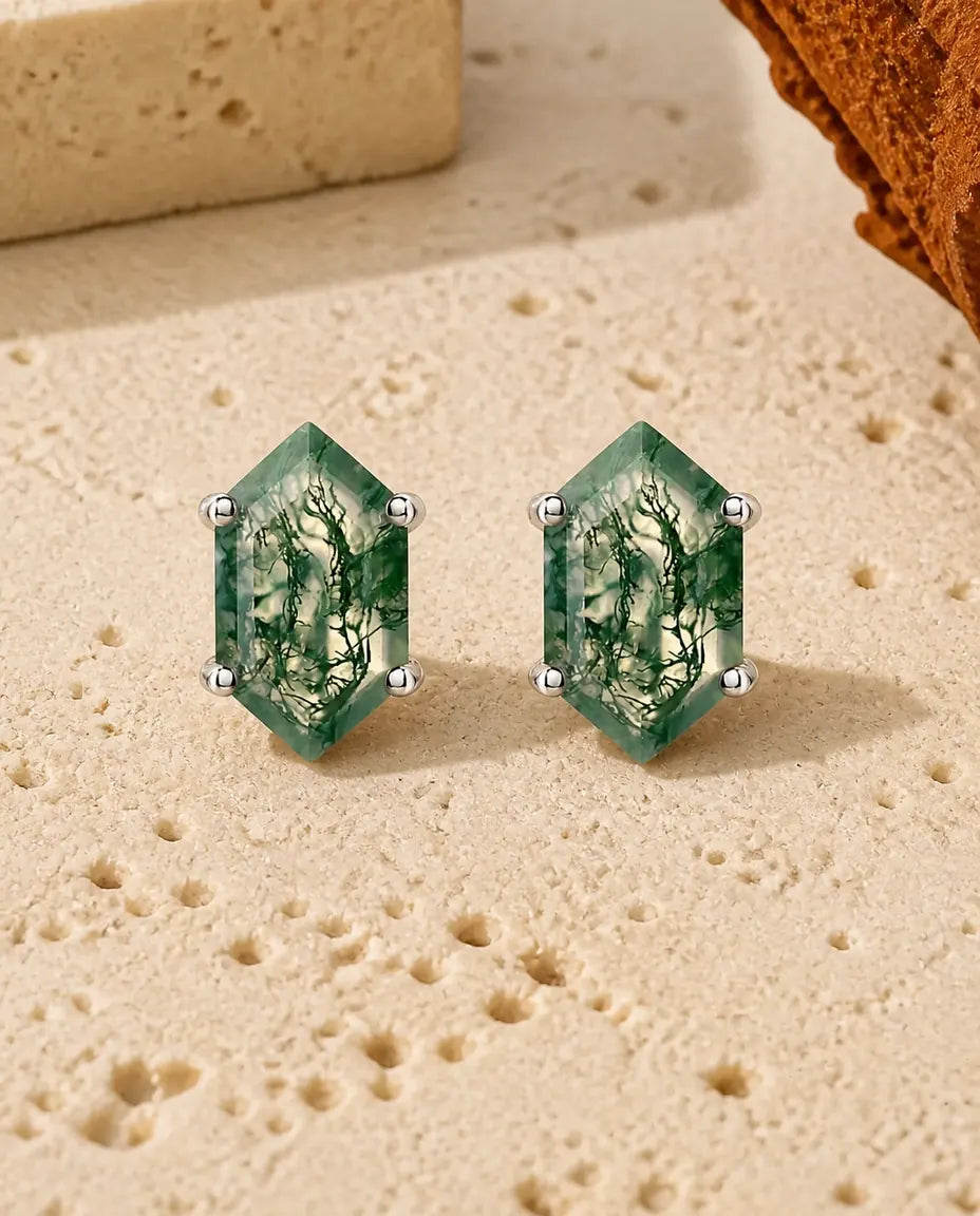 Puces d'oreilles en agate mousse - Taille hexagone allongée en solitaire, argent 925, cadeau du quotidien pour elle