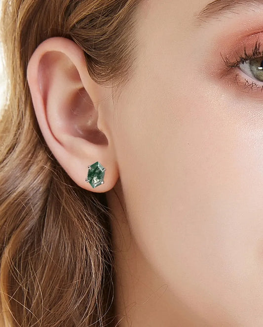 Puces d'oreilles en agate mousse - Taille hexagone allongée en solitaire, argent 925, cadeau du quotidien pour elle
