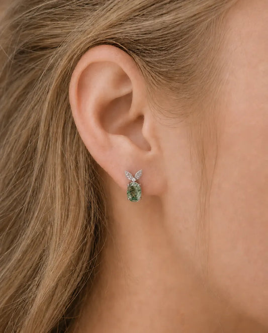 Puces d'oreilles agate mousse - Ovale d'agate mousse sous deux feuilles d'argent et un zircon, argent 925, cadeau pour elle
