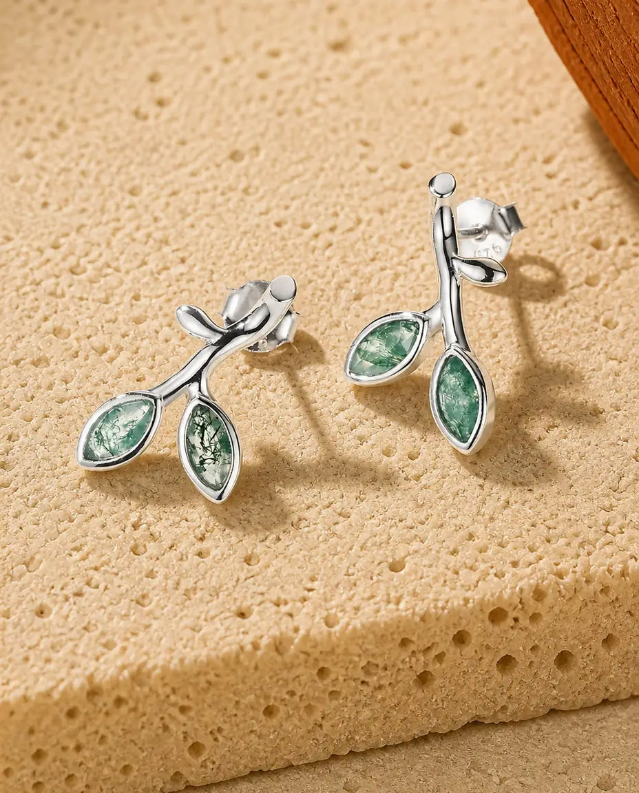 Boucles d'oreilles agate mousse - Deux feuilles marquise sur une pousse d'argent, argent 925, cadeau pour elle