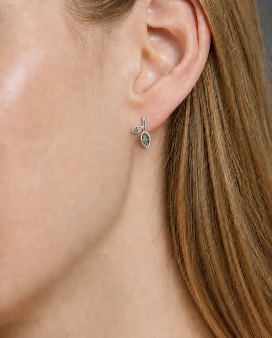 Boucles d'oreilles agate mousse - Deux feuilles marquise sur une pousse d'argent, argent 925, cadeau pour elle
