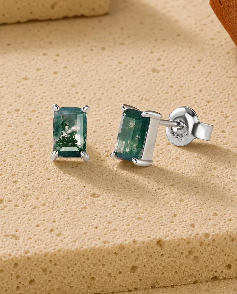 Boucles d'oreilles agate mousse - Rectangle taille émeraude serti à la verticale, argent 925, cadeau pour elle