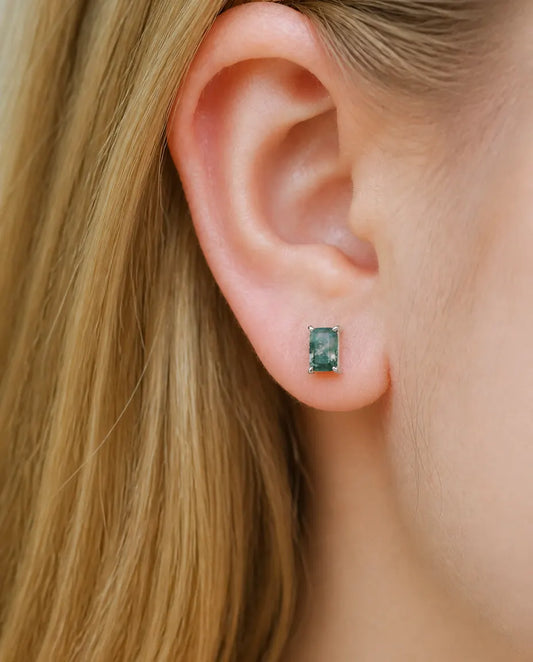 Boucles d'oreilles agate mousse - Rectangle taille émeraude serti à la verticale, argent 925, cadeau pour elle