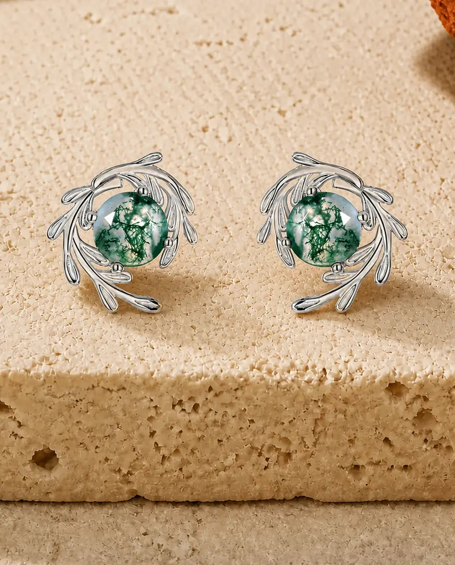 Puces d'oreilles agate mousse - Agate mousse ronde dans un tourbillon de volutes en argent, argent 925, cadeau pour elle