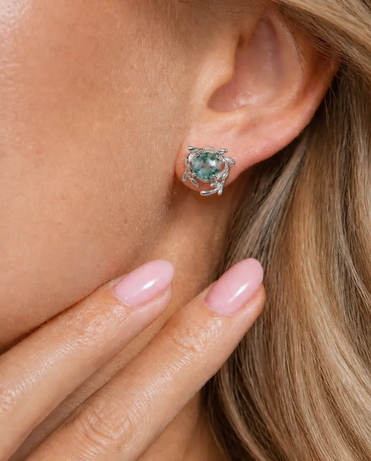 Puces d'oreilles agate mousse - Agate mousse ronde dans un tourbillon de volutes en argent, argent 925, cadeau pour elle