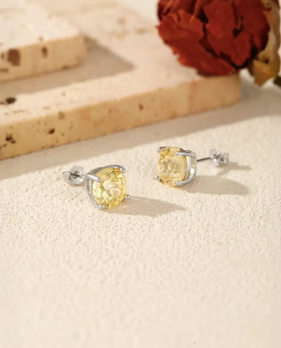 Puces d’Oreilles Zircone Jaune en Argent 925 – Pierre Ronde Jaune Clair Taille Feu d’Artifice, 5, 6, 7 ou 8 mm, Serti 4 Griffes, Cadeau pour Elle