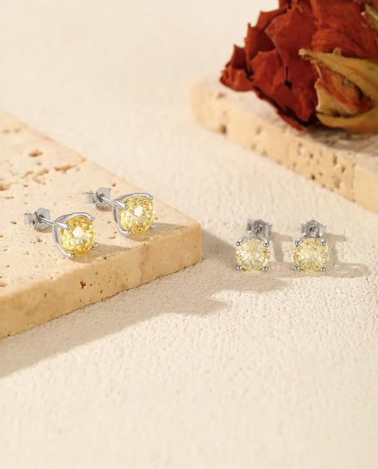 Puces d’Oreilles Zircone Jaune en Argent 925 – Pierre Ronde Jaune Clair Taille Feu d’Artifice, 5, 6, 7 ou 8 mm, Serti 4 Griffes, Cadeau pour Elle